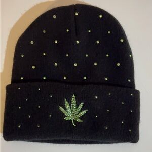 Black Beanie with Green Rhinestone Leaf